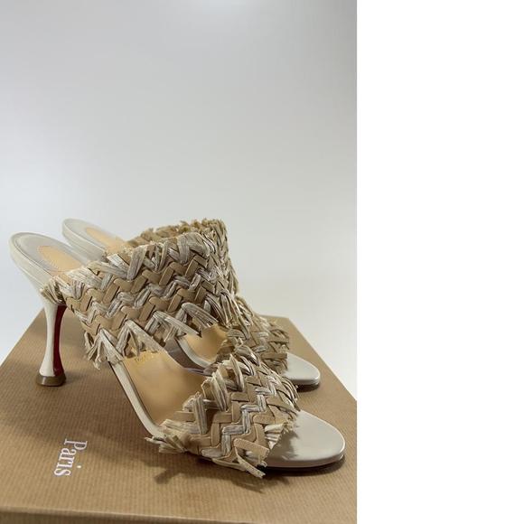 Meroine 85mm raffia Tan Woven fringe heels mules D980 - Picture 1 of 11